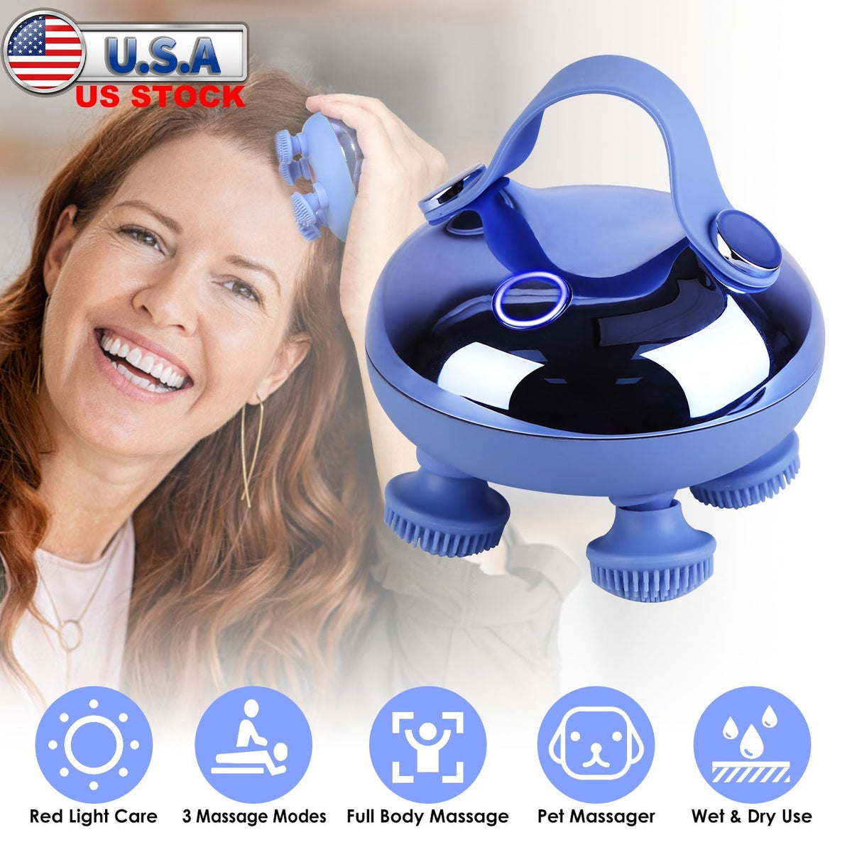 Electric Scalp Massager Rechargeable Head Mssager IPX7 Waterproof Dog Cat Massager with Red Light 3 Modes 3 Types of Massage Claws for Men Women Elder