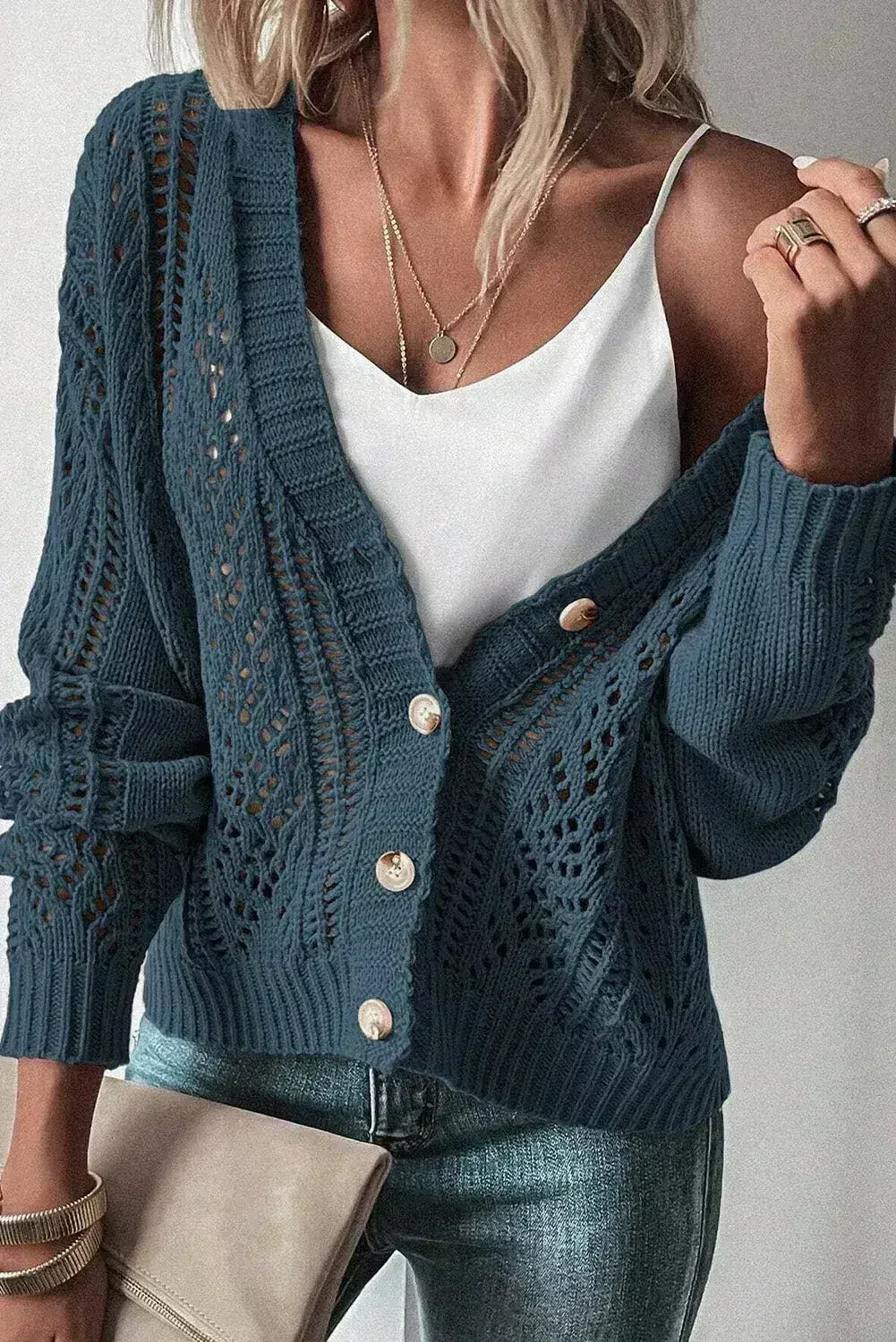 Dark Khaki Cardigan – Open Knit Drop Shoulder Sweater | Cotton-Acrylic Blend
