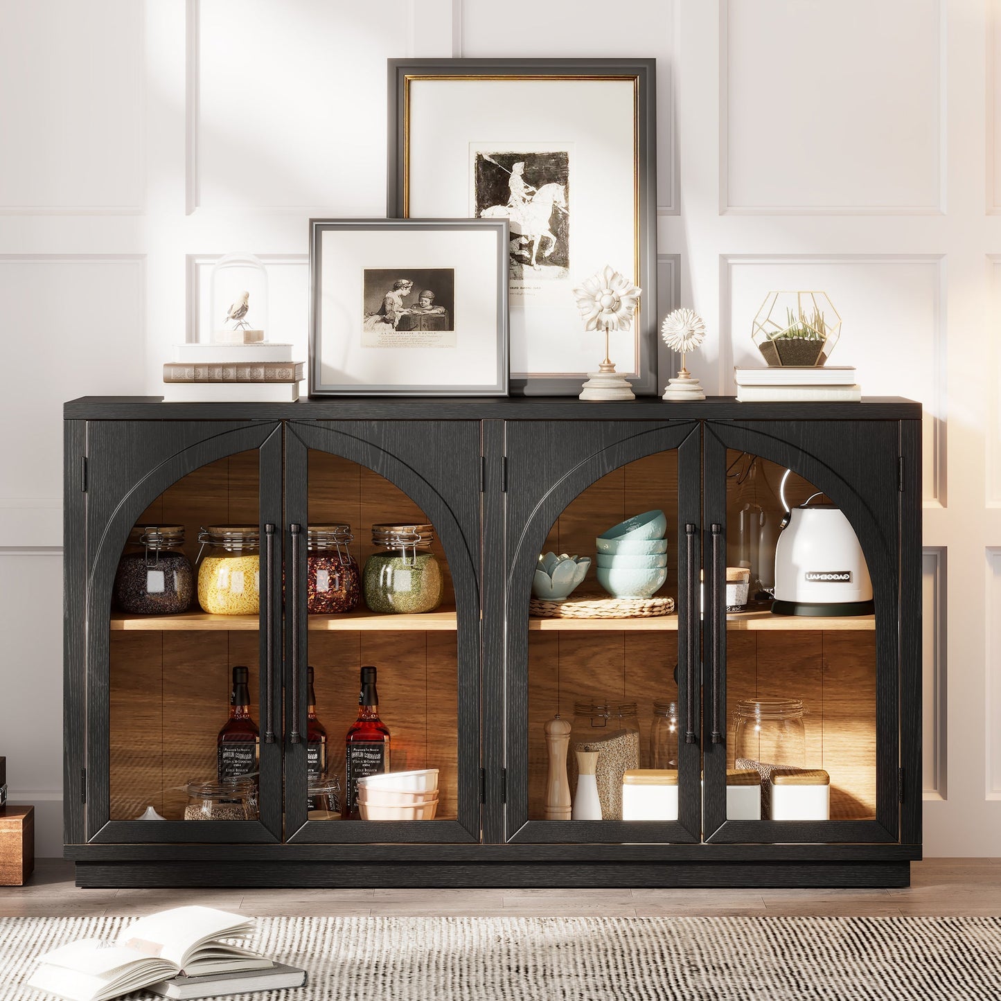 4-Door Large Storage Sideboard Buffet Cabinet with Glass Doors Arched Cabinet (Black)