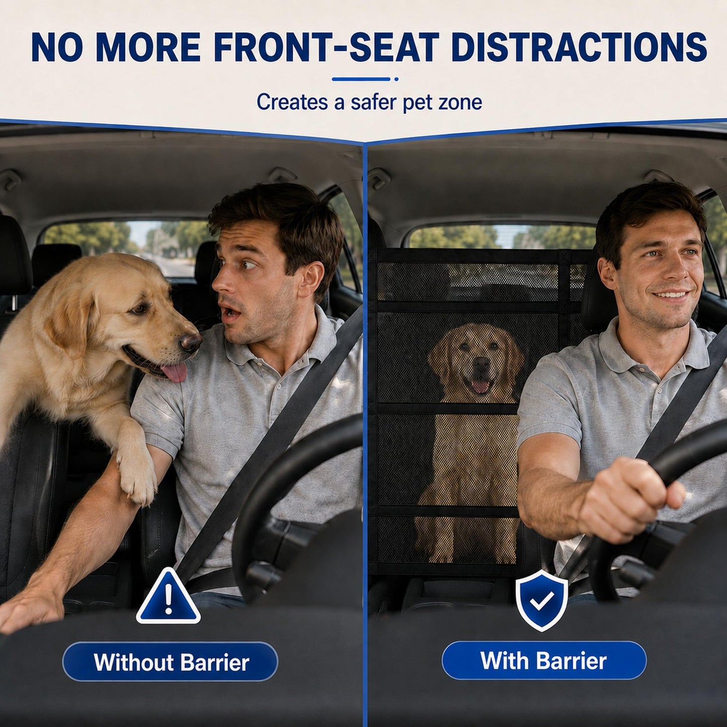 Car Dog Barrier With Hook And Loop Fastener Dual Zipper For Car SUV Breathable Mesh Barrier With Hook And Loop Fastener Keeps Pets Safely In Back Seat. Easy Installation
