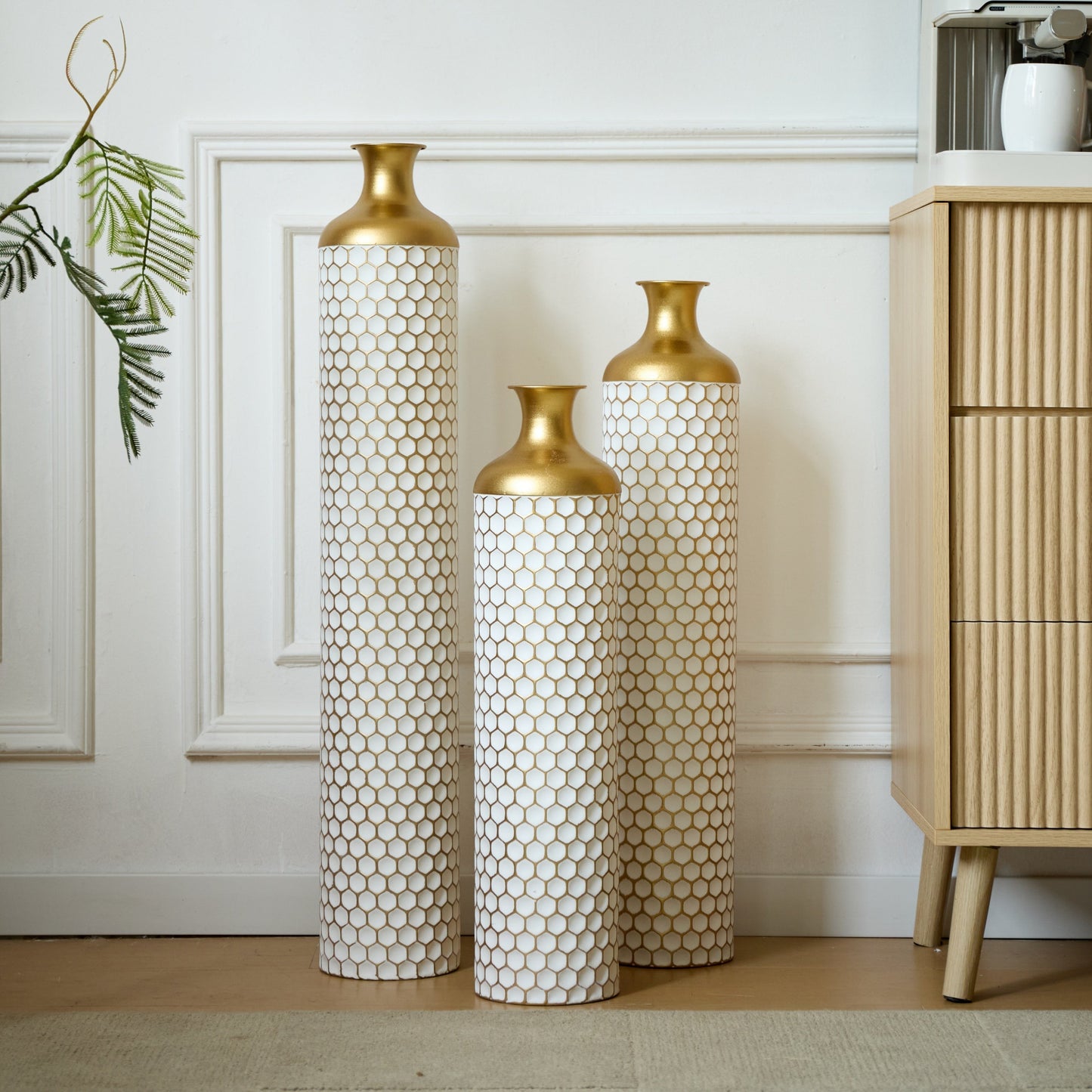 3-Piece Modern Metal Vase Set - White & Gold