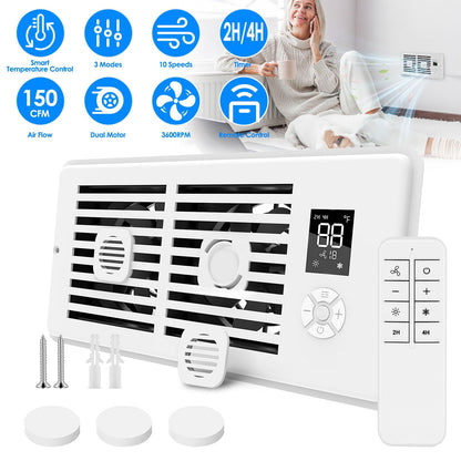 Register Booster Fan Smart AC Vent Booster Fan Fits 4" x 10" Register Holes with 3 Modes 10 Speeds 2H/4H Timer LCD Screen 2 Scent Diffuser Slots Remot
