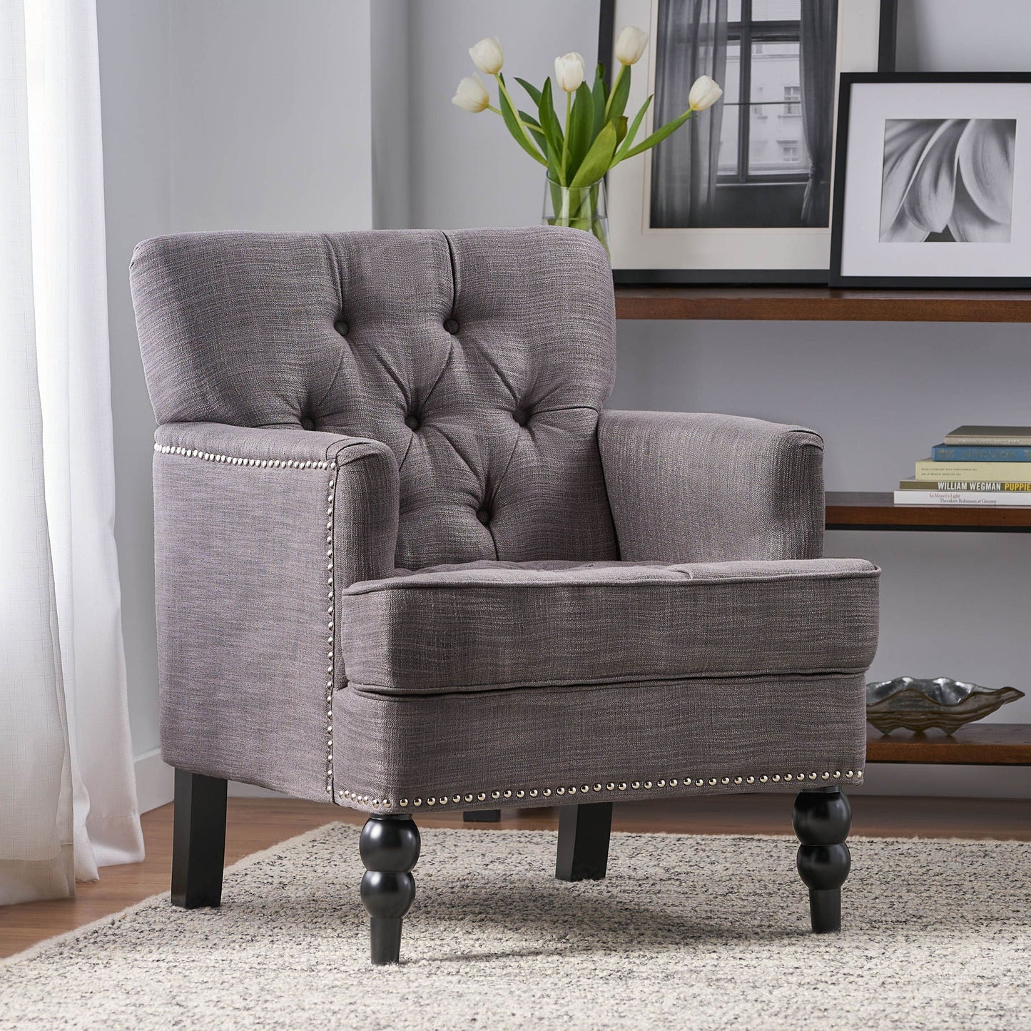 Harrison Tufted Club Chair with Button Tufted Back and Birch Wood Legs