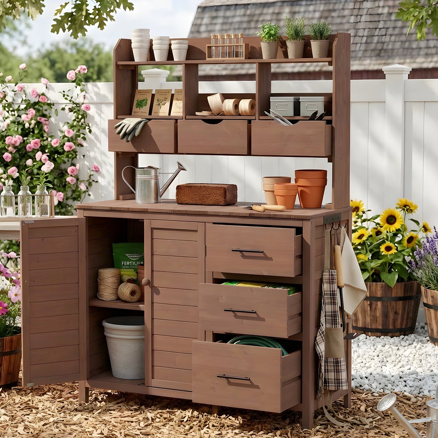 TOPMAX Farmhouse Patio Potting Bench with Storage and Workstation