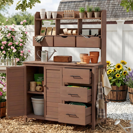 TOPMAX Farmhouse Patio Potting Bench with Storage and Workstation