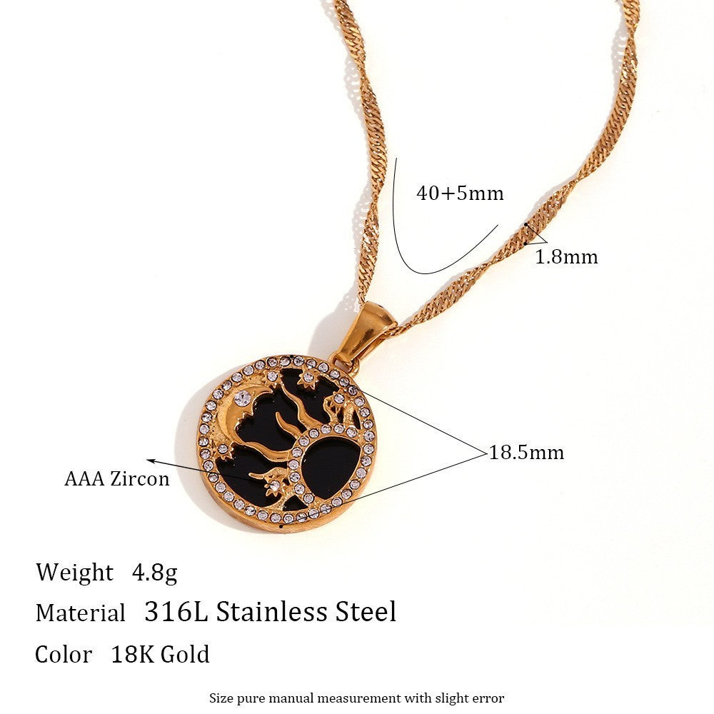 Aura Gold Celestial Moon & Star Disc Necklace | Vintage Titanium Stainless Steel Medallion | Retro Sun & Moon Crystal Charm Jewelry