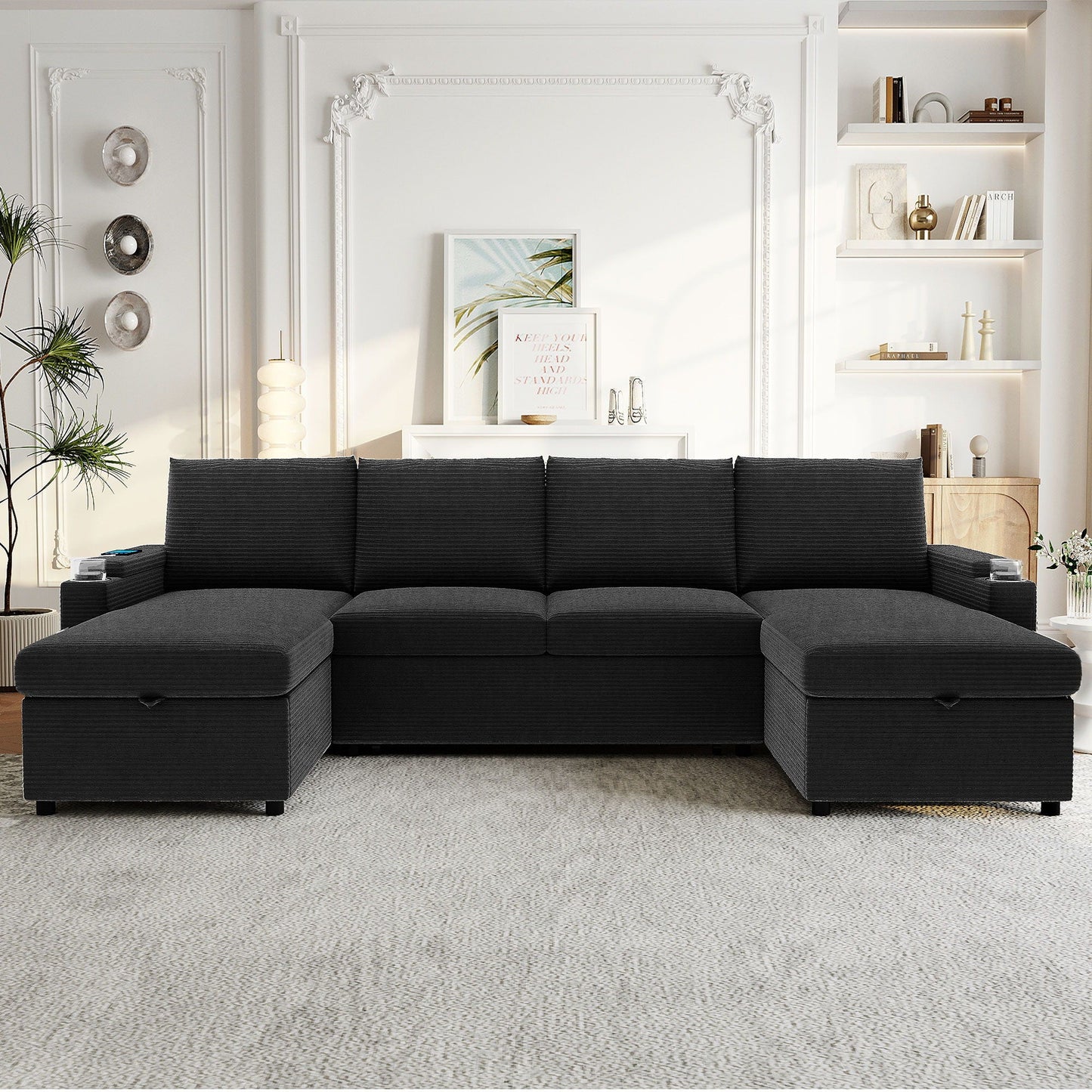 U Shaped Sectional Sofa Bed With Storage Chaise Lounges, USB Ports, And Cup Holders