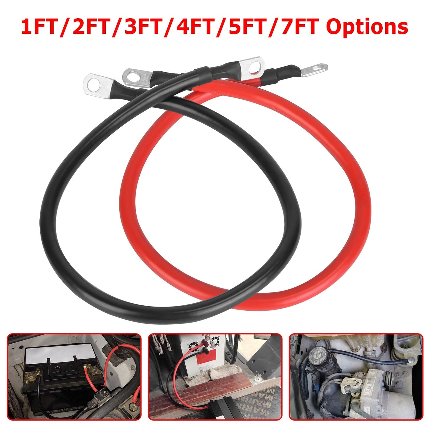 2Pcs 2 AWG Gauge Copper Battery Cables Car Inverter Copper Wire Cable with 3/8In Lugs for Motorcycle Automotive RV Solar ATV