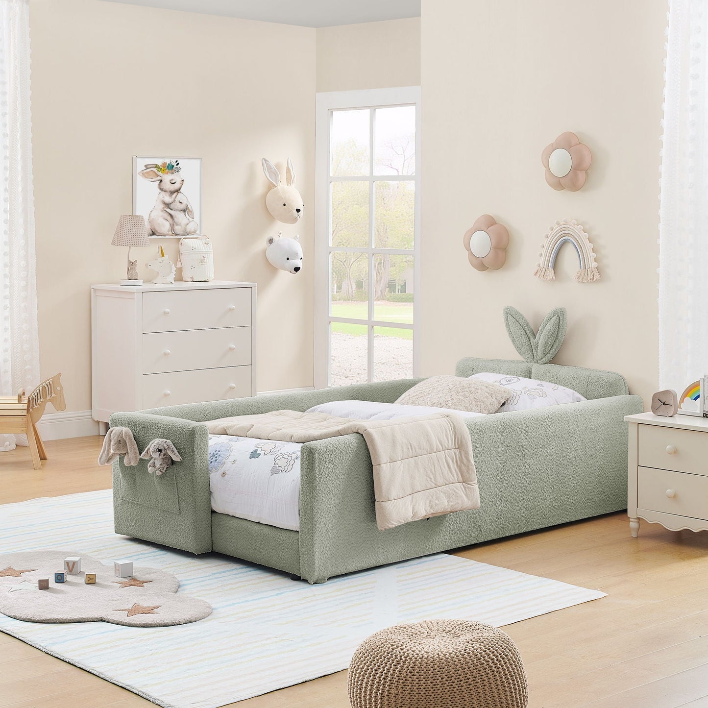Cute Rabbit Ear Upholstered Platform Bed Frame With Safety Rail