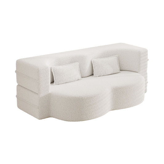 Modern Floor Sofa With Two Pillows Convertible Teddy Fabric Foam Filled Bed