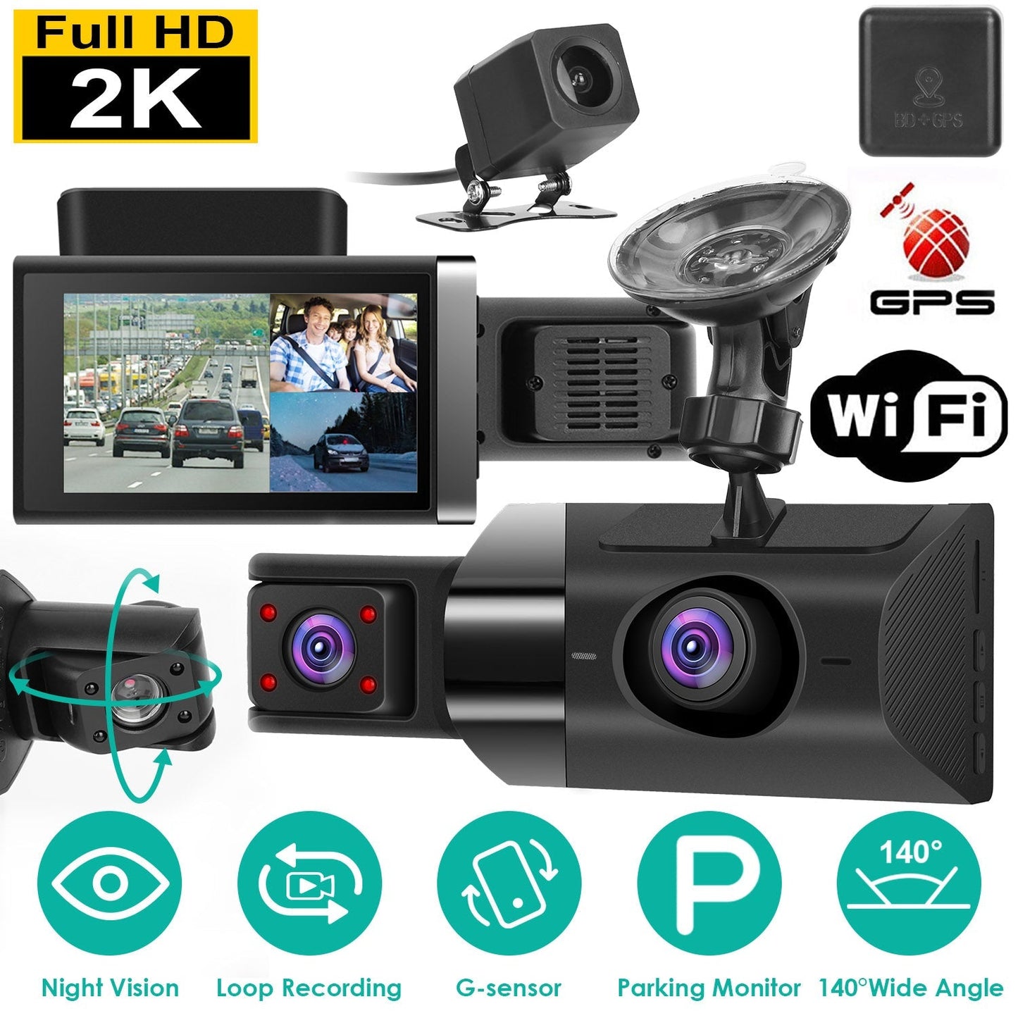 2K Car DVR 3 Channel Dash Cam Camcorder Camera Recorder with 140¡ Angle GPS WiFi Night Vision G-sensor Loop Recording Parking Monitor