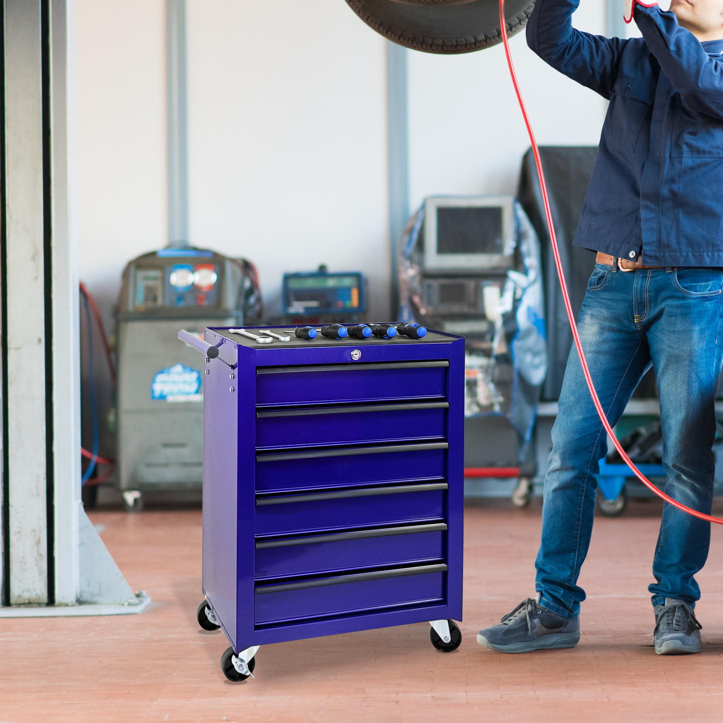Rolling Metal Tool Chest with 6 Drawers, 20" Cabinet - Purple