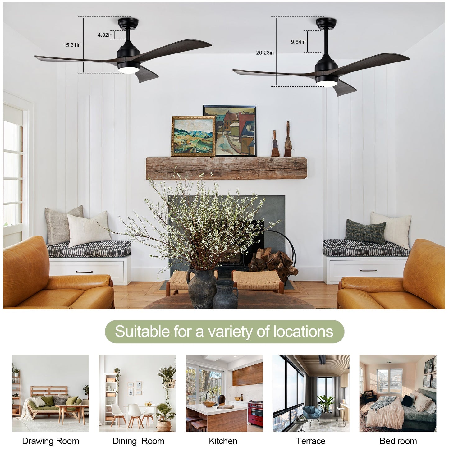 52" Solid Wood Blades Ceiling Fan with Lights Remote Control, Quiet DC Motor