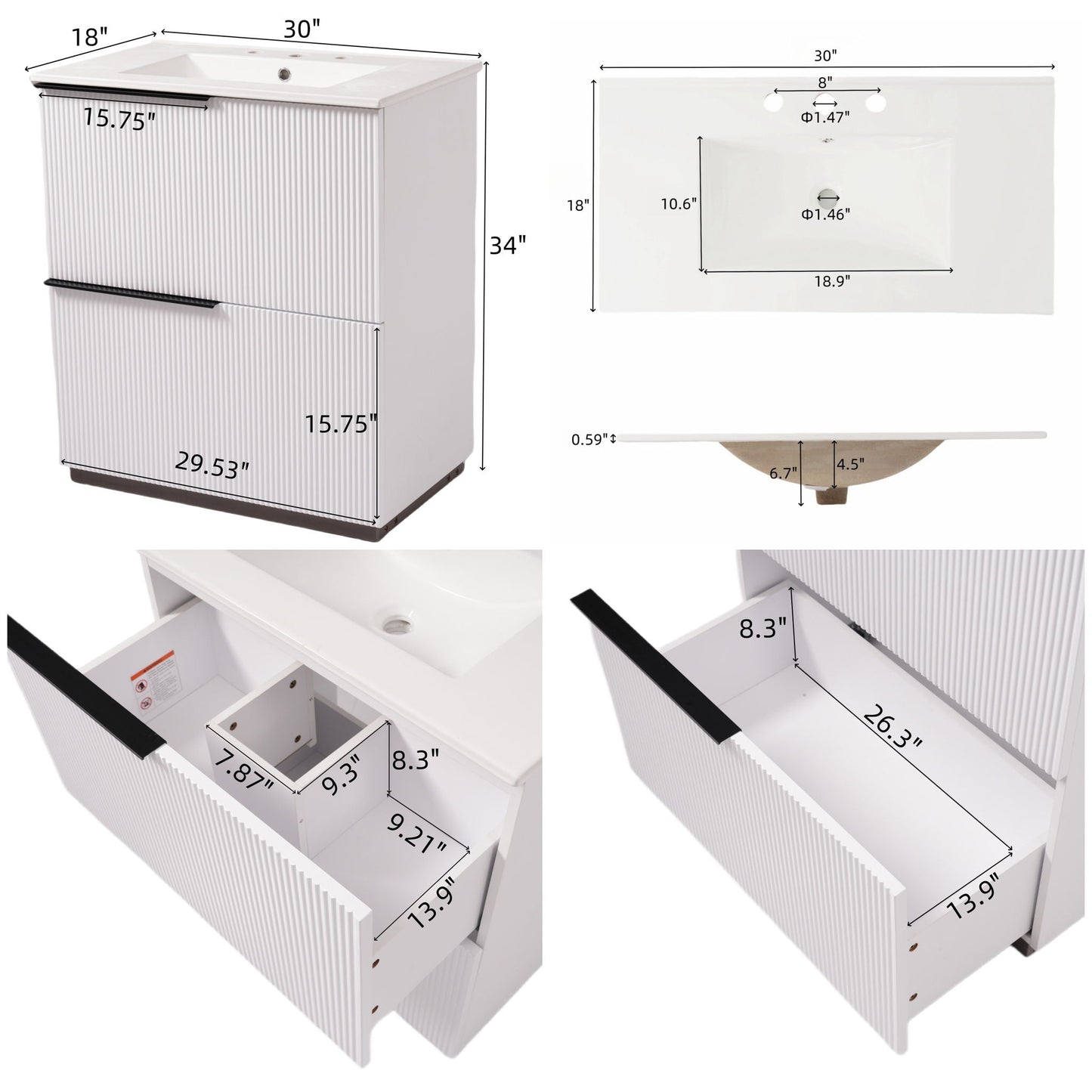 Fluted Bathroom Vanity With Ceramic Sink and Soft-Close Slides