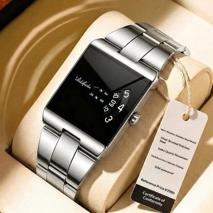 Square Quartz Waterproof Steel-band Luxury Mens Wristwatch