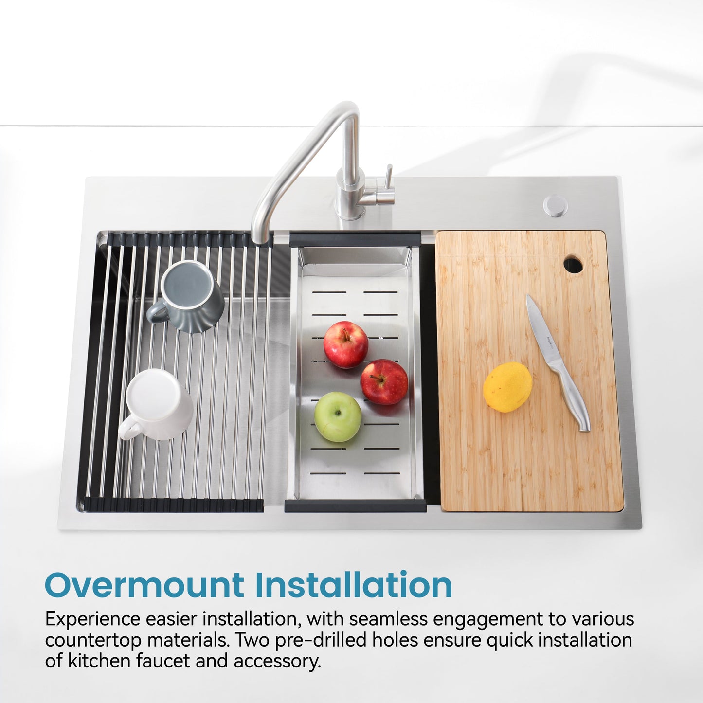 Stainless Steel Kitchen Sink, 33”x22” Single Bowl, Overmount, Brushed Finish
