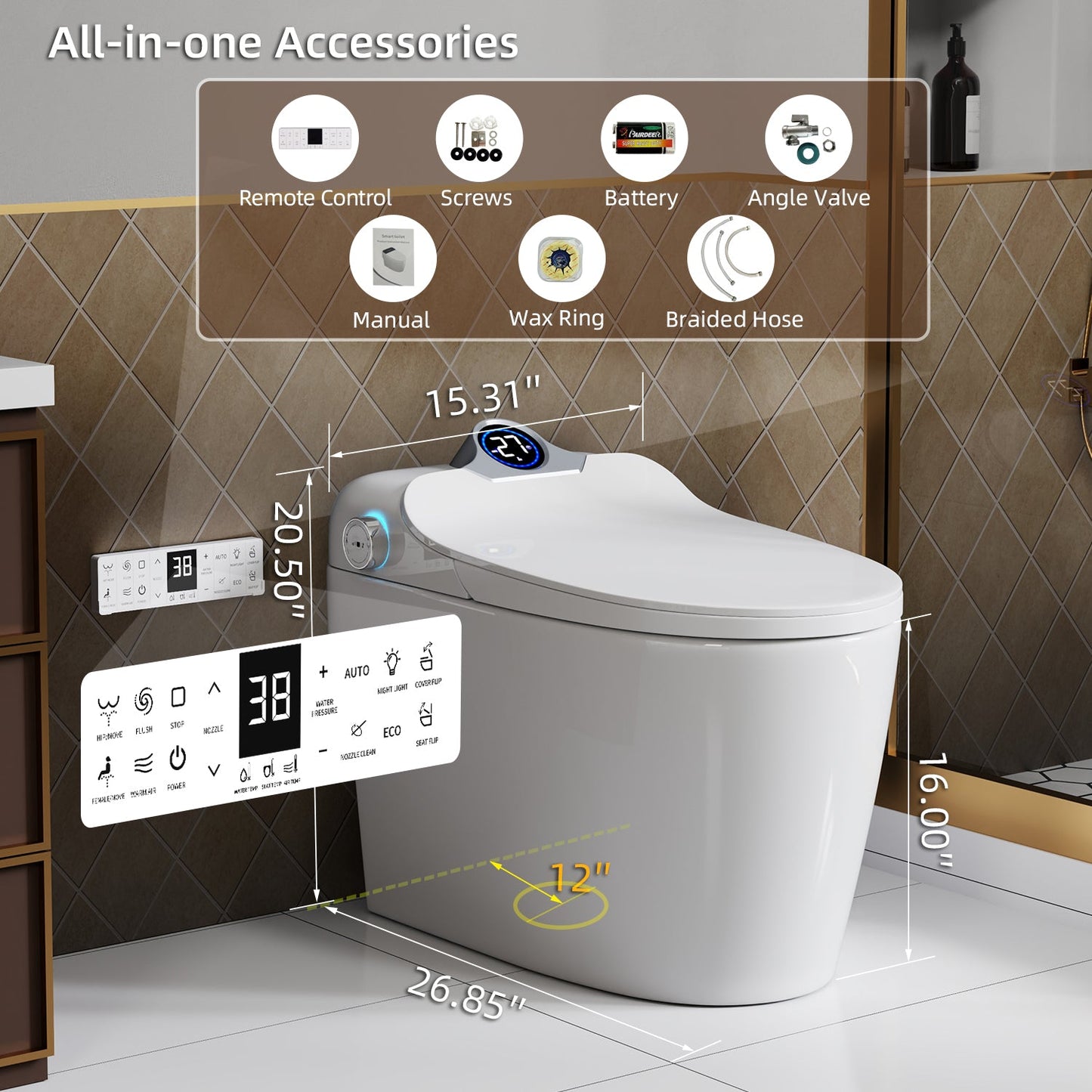 Smart Toilet Bidet Combo with Foot Sensor and Remote Control