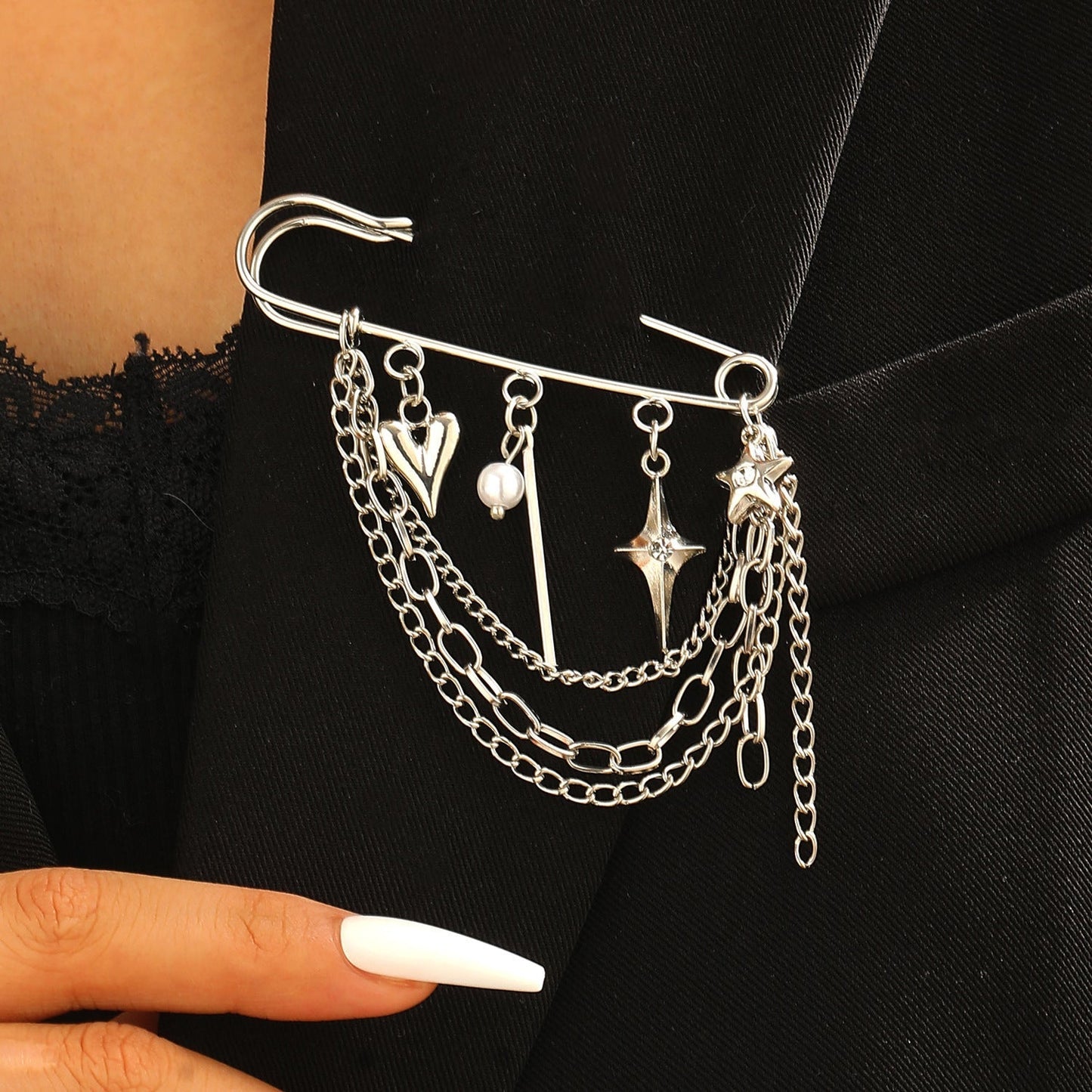 Heart, Star & Four-Pointed Star Tassel Brooch