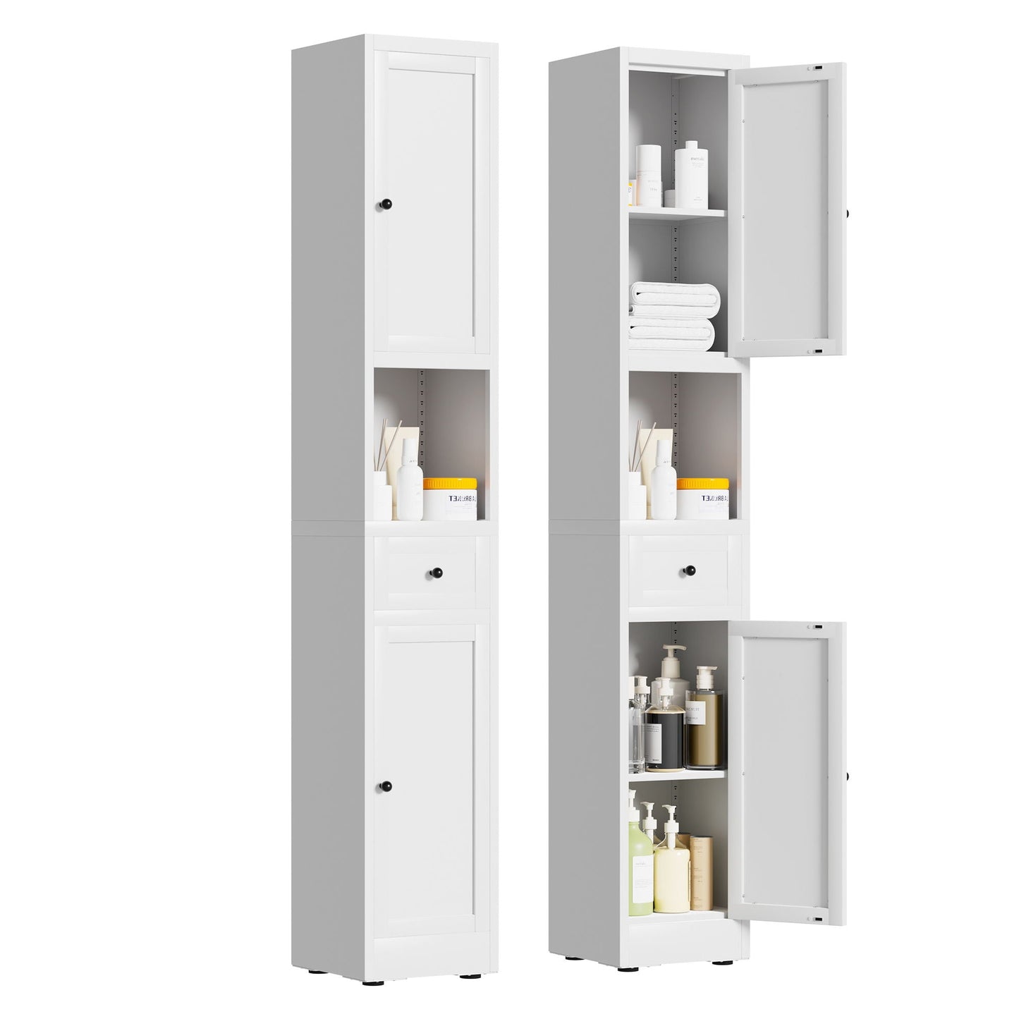 Tall Narrow Bathroom Cabinet With 5-Tier Storage, Adjustable Shelves, Freestanding - White