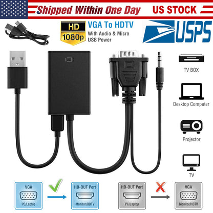 VGA to HD IN & HD OUT Converter Adapter HD 1080P Video Audio Cable Adapter w/ USB 3.5mm Plug For HDTV TV Projector Laptop