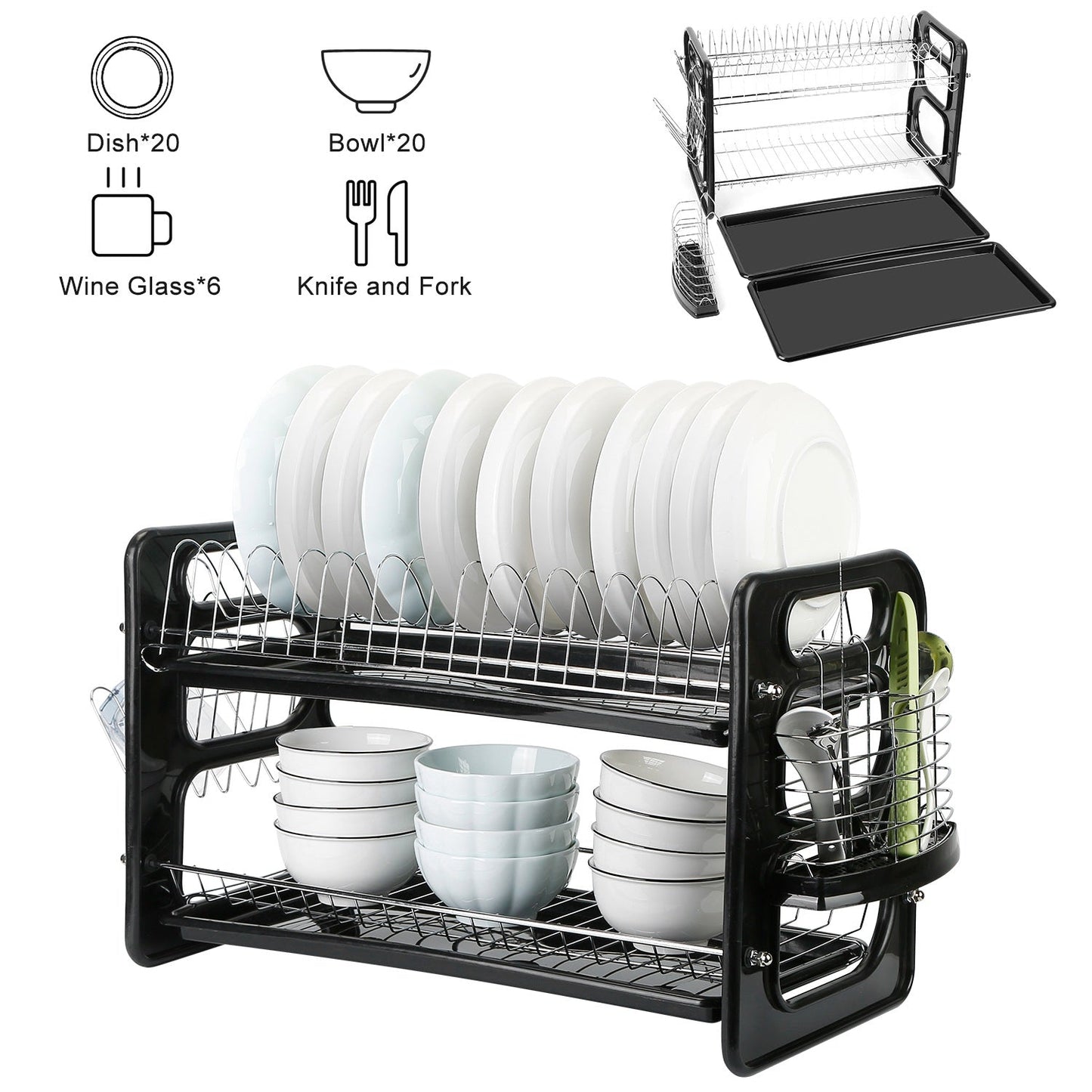 2 Tier Iron Dish Drying Rack Drainboard Set with Large Storage Anti-Rust Dish Drainer Shelf Tableware Holder Cup Holder For Kitchen Counter Storage