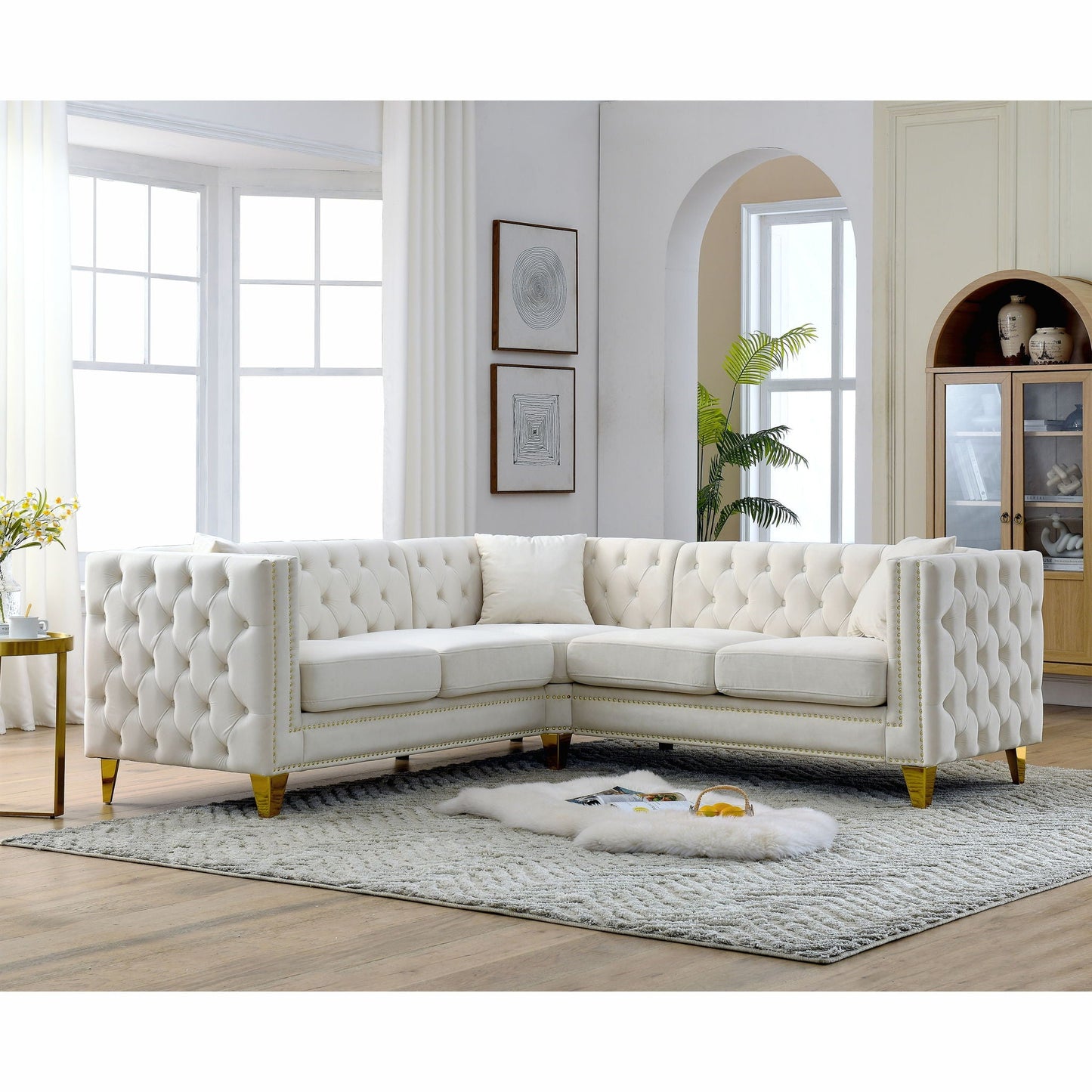 L-Shaped Corner Sofa, 5 Seater Sectional With Tufted Design