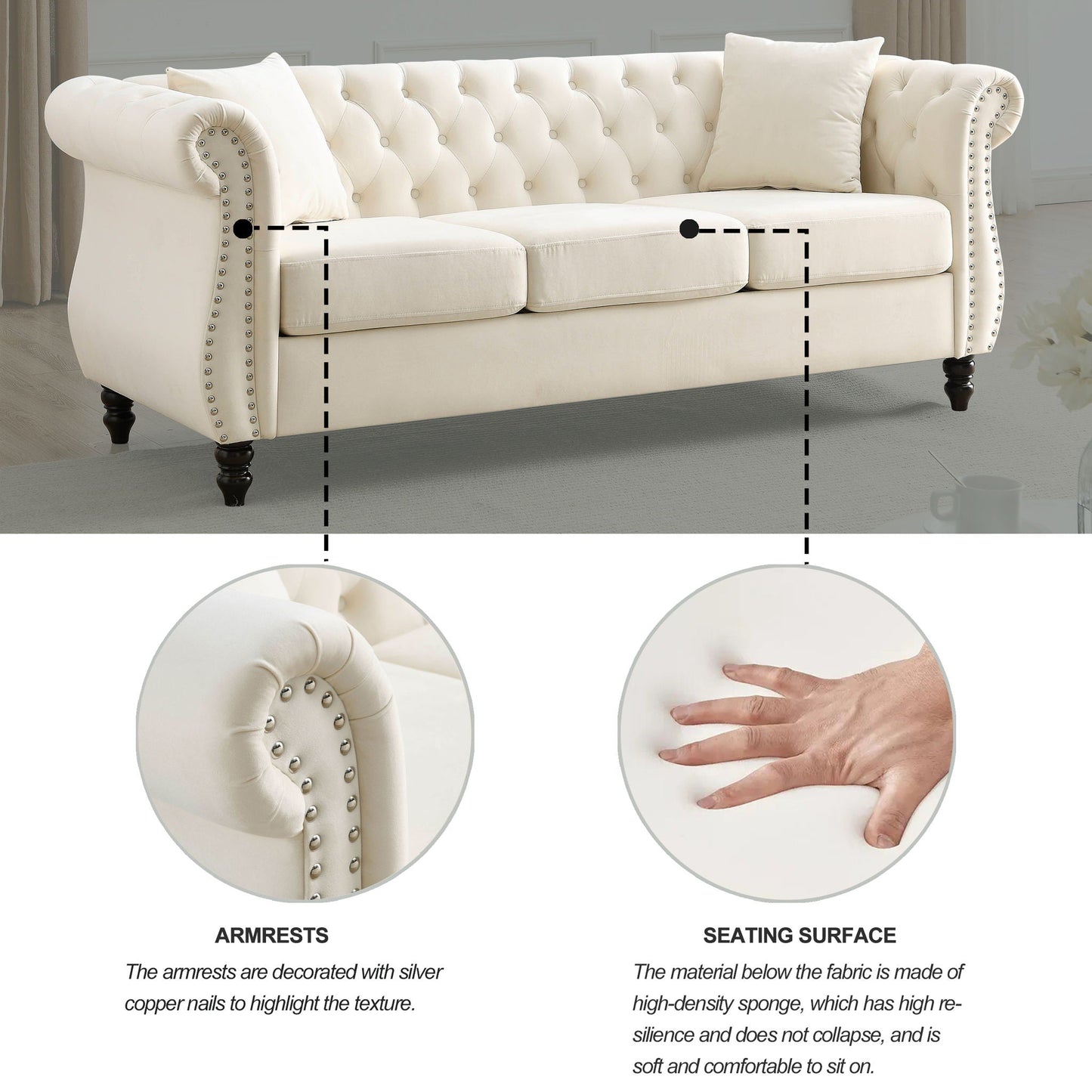 Chesterfield Sofa With Rolled Arms And Nailhead Trim