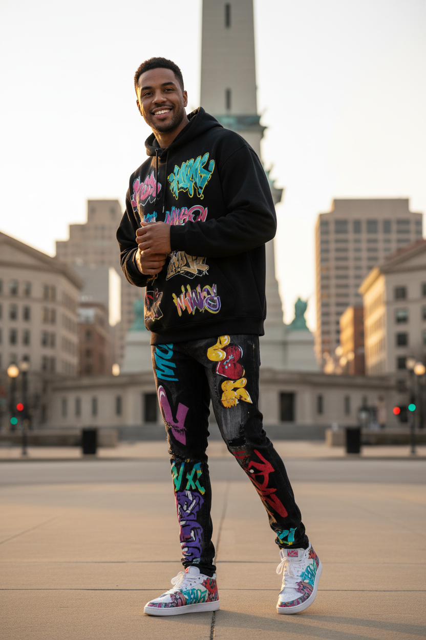 Men’s Urban Slim Fit Black Denim with Vibrant Multi-Color Graphic Art