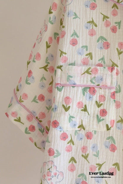 Floral Garden Short Sleeves and Pants Cotton Pajama Set / Beige