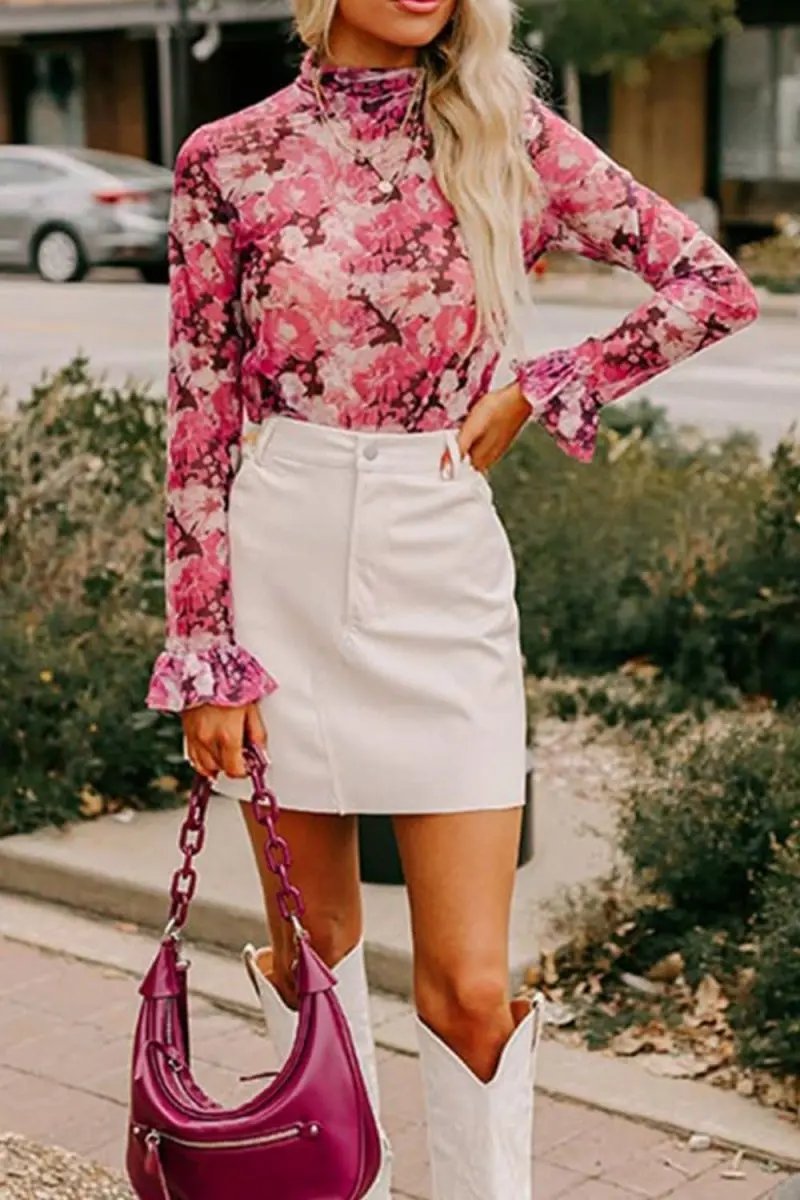 Accessories Trendsi Floral Print Top Women's Chic Turtleneck Ruffle Sleeve Versatile Top
