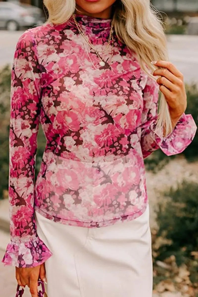 Accessories Trendsi Floral Print Top Women's Chic Turtleneck Ruffle Sleeve Versatile Top