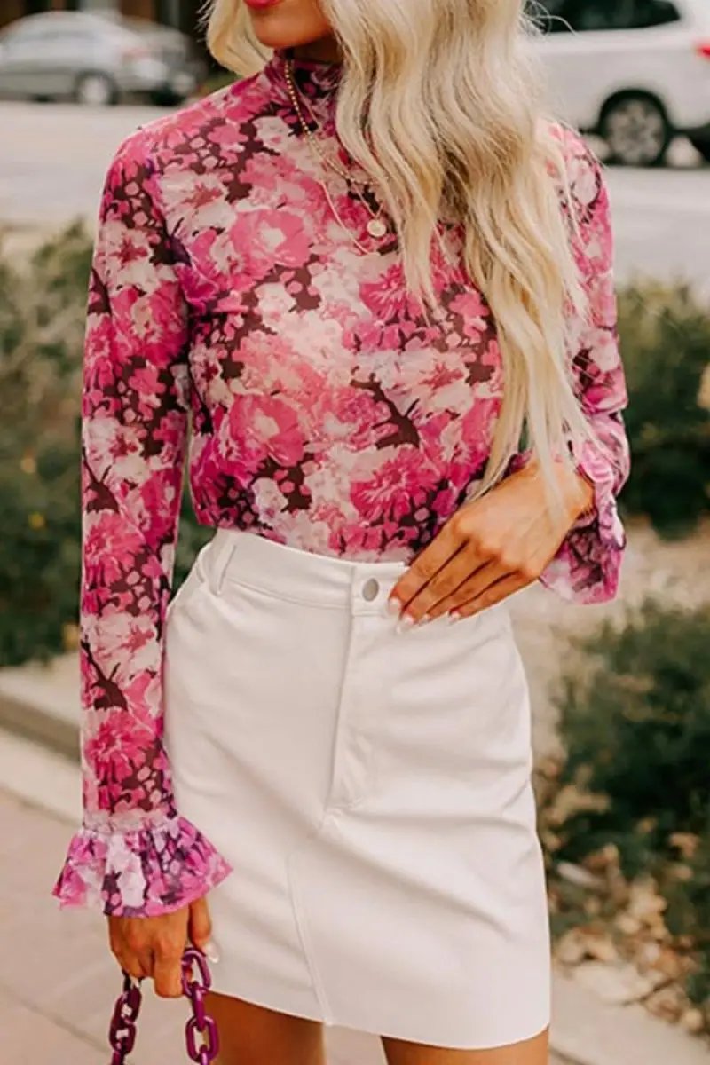 Accessories Trendsi Floral Print Top Women's Chic Turtleneck Ruffle Sleeve Versatile Top
