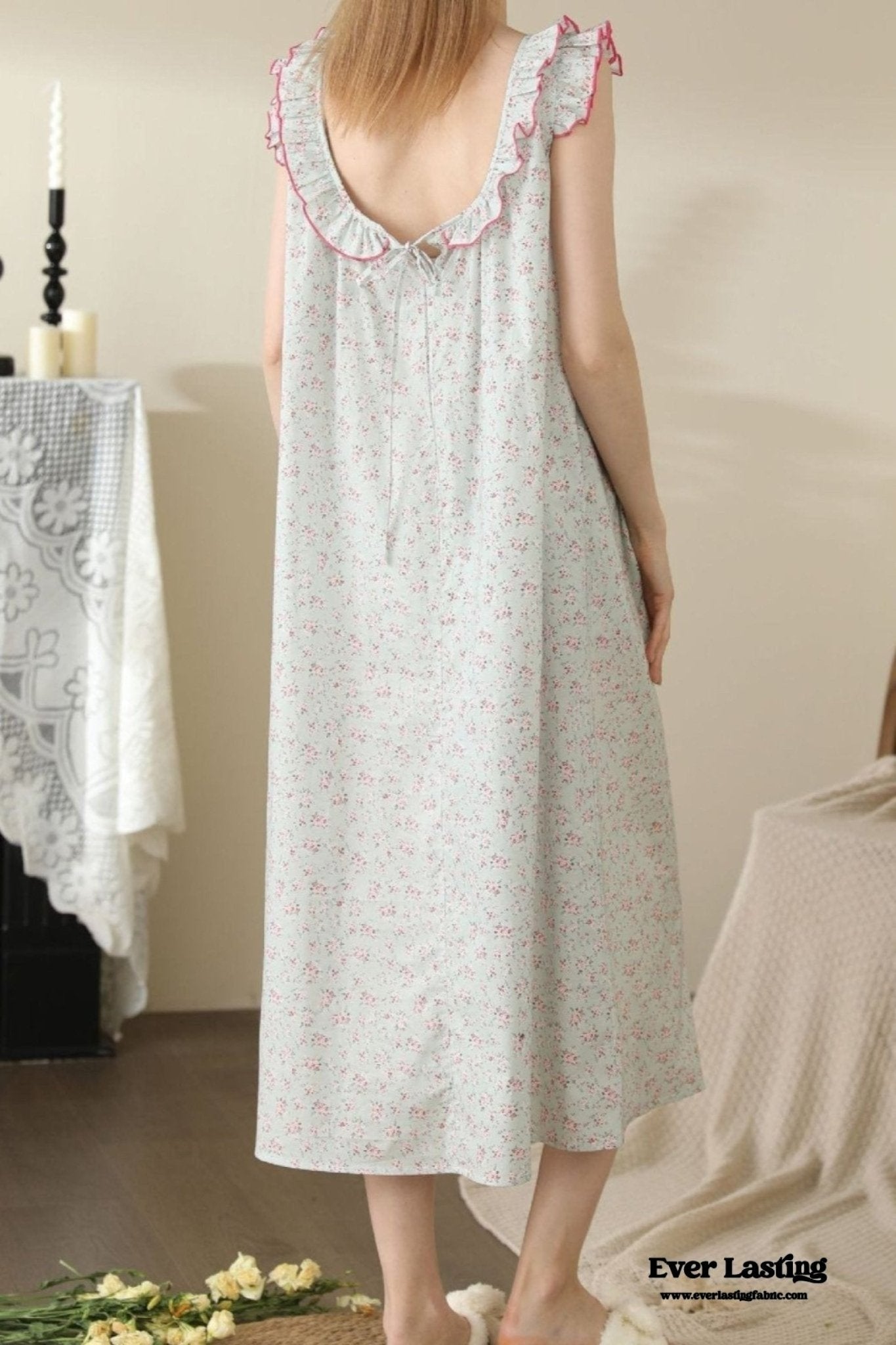 Floral Ruffle Lounge Pajamas Nightgown Dress / Beige