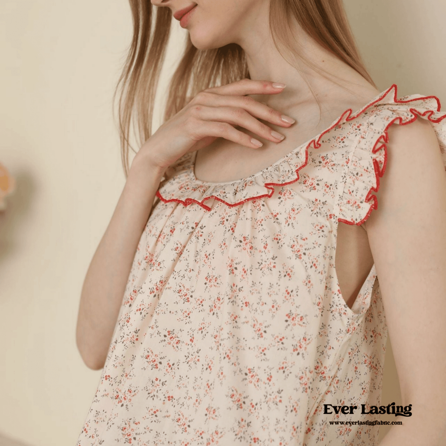 Floral Ruffle Lounge Pajamas Nightgown Dress / Beige