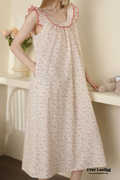 Floral Ruffle Lounge Pajamas Nightgown Dress / Beige