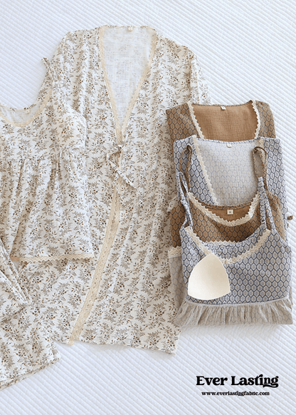 Floral V Tank and Long Pants with Cardigan Cotton Pajama Set / Blue