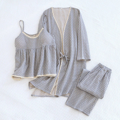 Floral V Tank and Long Pants with Cardigan Cotton Pajama Set / White