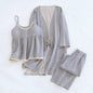 Floral V Tank and Long Pants with Cardigan Cotton Pajama Set / White