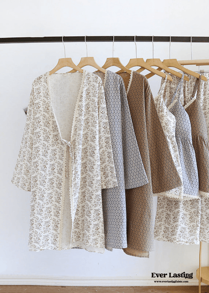 Floral V Tank and Long Pants with Cardigan Cotton Pajama Set / White