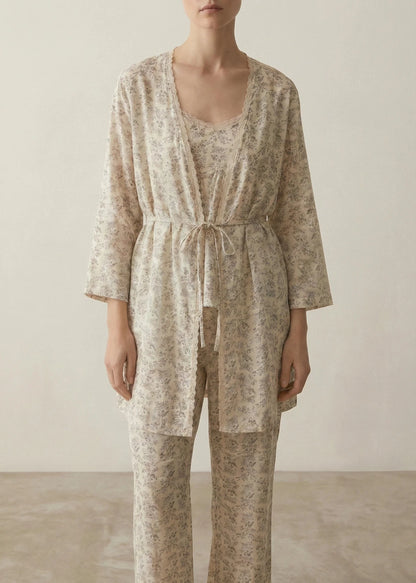 Floral V Tank and Long Pants with Cardigan Cotton Pajama Set / White