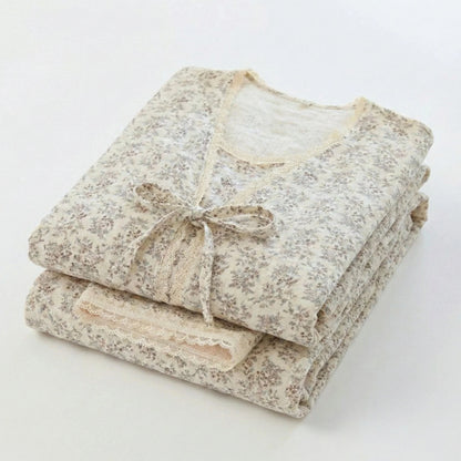 Floral V Tank and Long Pants with Cardigan Cotton Pajama Set / White