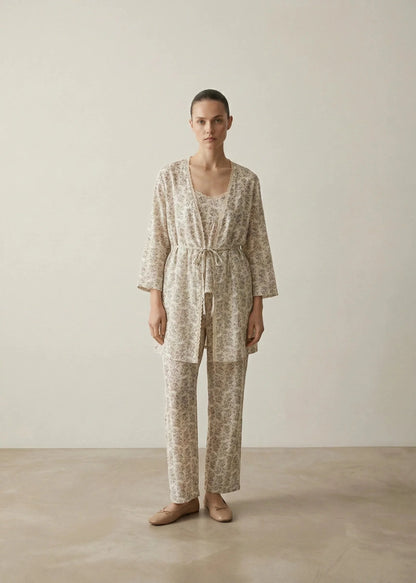 Floral V Tank and Long Pants with Cardigan Cotton Pajama Set / White