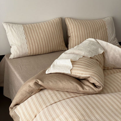 Florence Lace Double Gauze Striped Bedding Set / Beige Brown