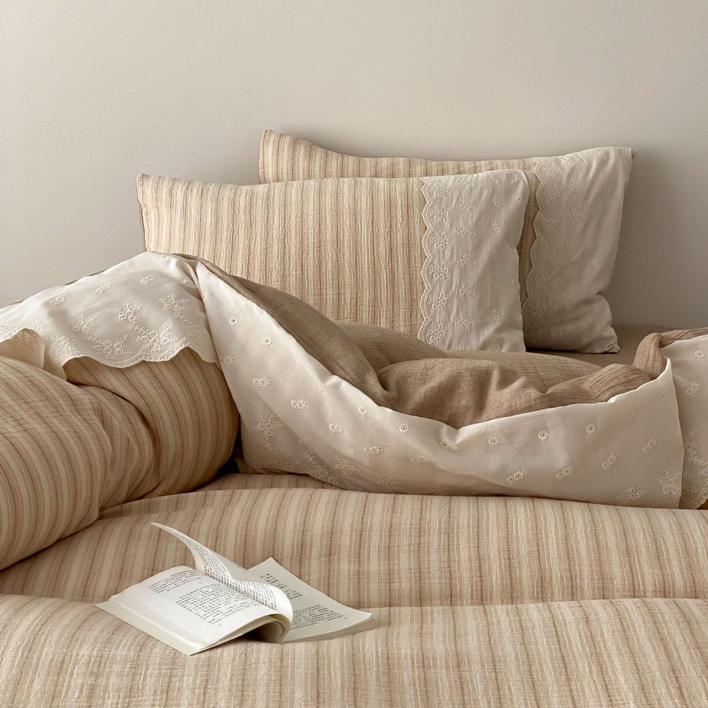 Florence Lace Double Gauze Striped Bedding Set / Green