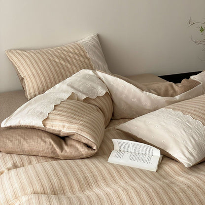 Florence Lace Double Gauze Striped Bedding Set / Beige Brown