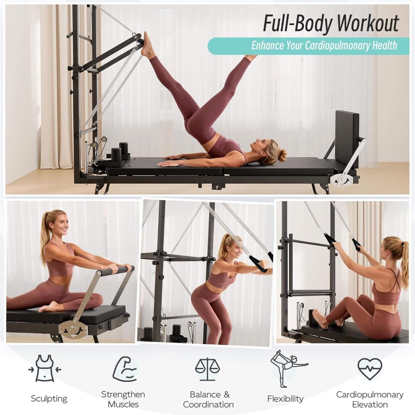 Core Pilates Foldable Dual Resistance Pilates Reformer Machine With Tower (SAK96041)