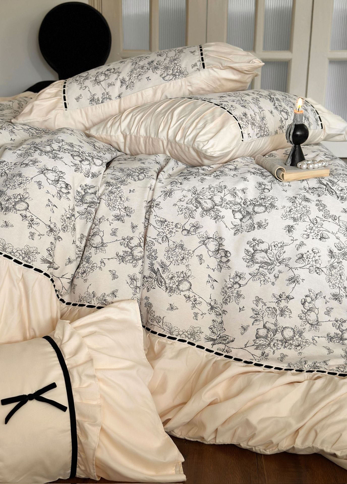 French Black Lace Bedding Set / Cream