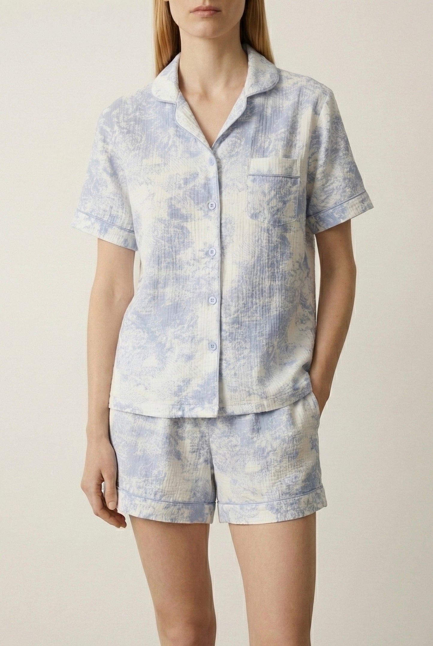 French Cottage Short Sleeves and Shorts Cotton Pajama Set / Blue
