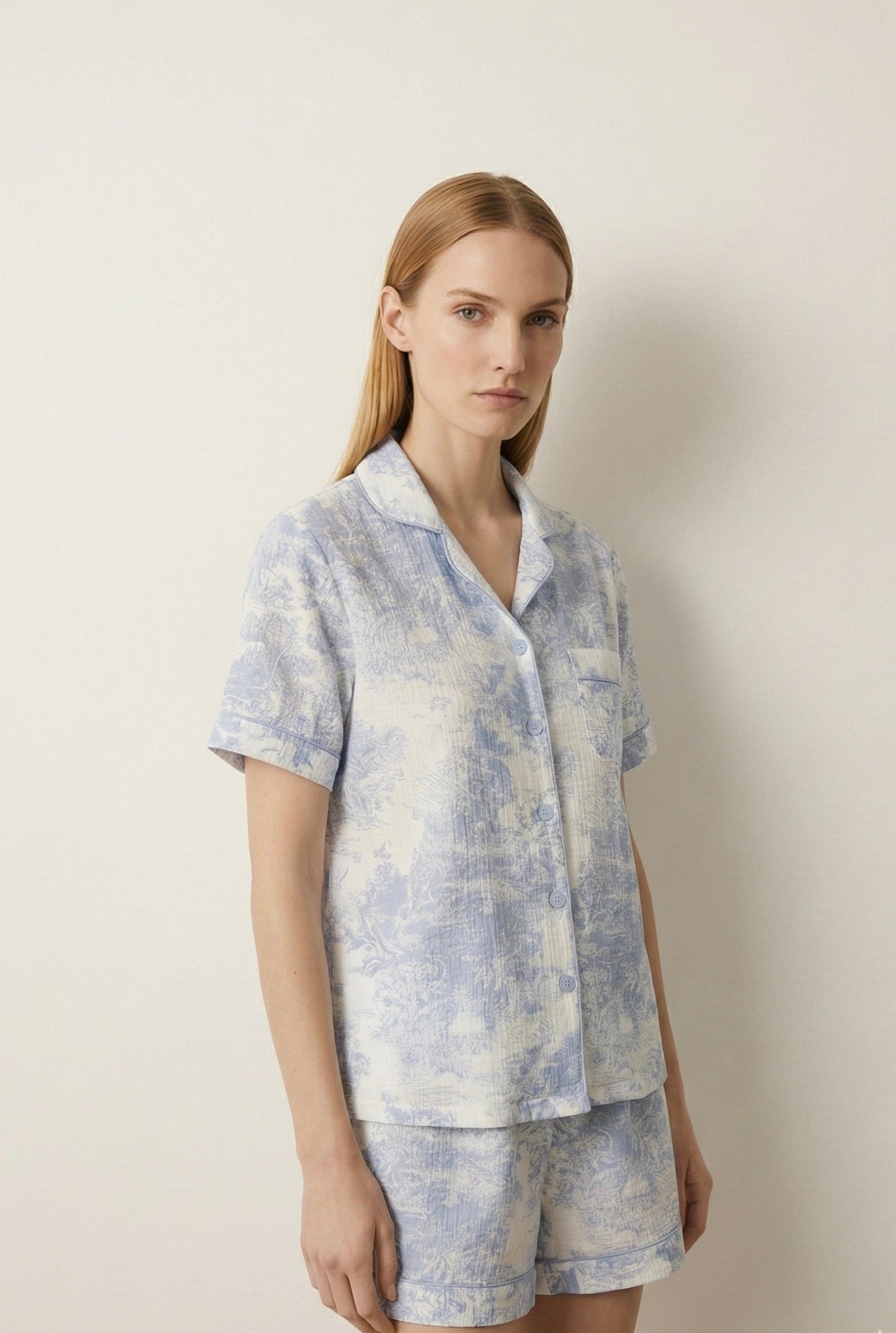 French Cottage Short Sleeves and Shorts Cotton Pajama Set / Blue