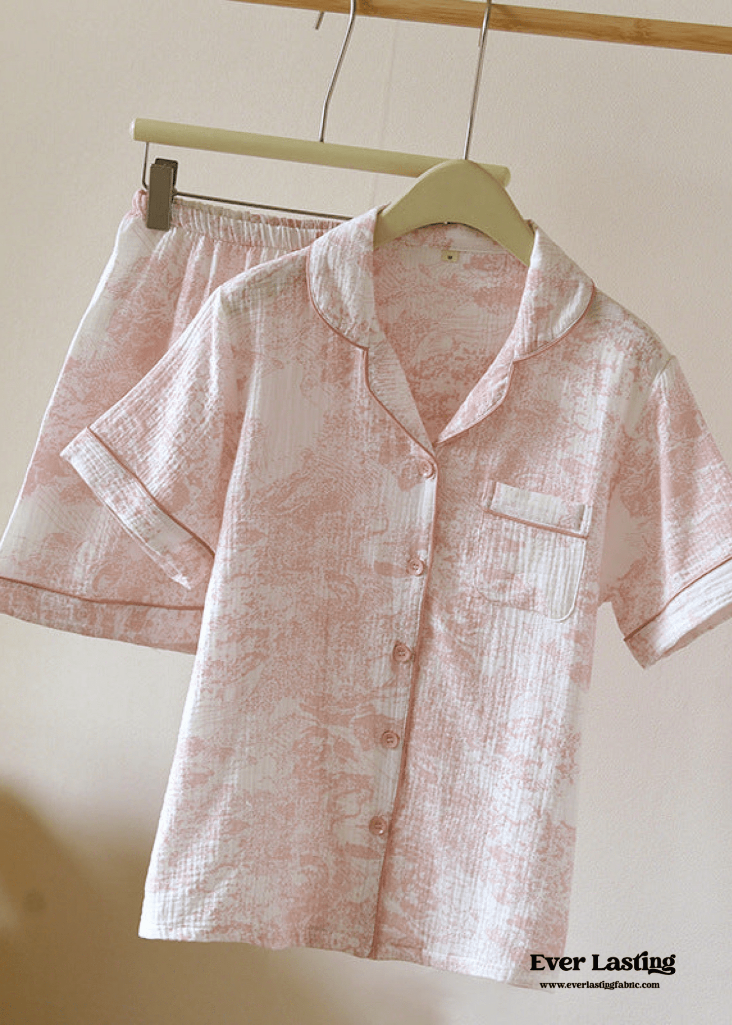 French Cottage Short Sleeves and Shorts Cotton Pajama Set / Pink
